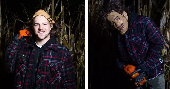Farmer Blois both out of costume (left) and dressed up to scare. - RACHEL MCGRATH