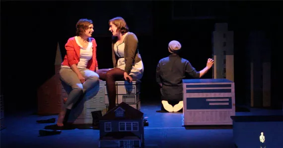 Zuppa Theatre’s Susan Leblanc-Crawford and Katie Dorian (with Ben - Stone in a miniature video projection, right; Stewart Legere in - background).