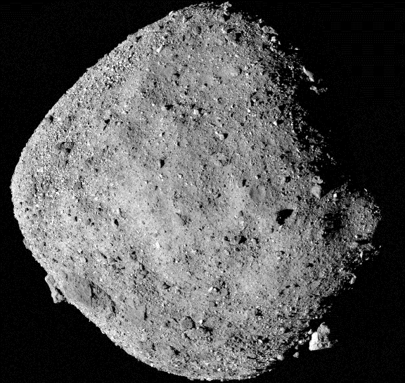 A closeup of Bennu, showing the asteroid’s rough surface with many boulders.