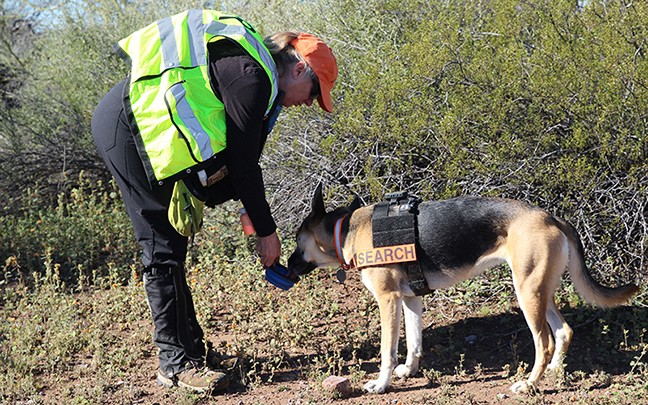 Kathy Albrecht and 3-year-old German Shepard Mesa, who were part of six teams that took part in February’s search.