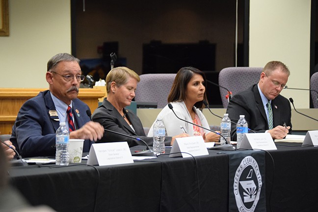 House candidates, from left to right: Incumbent Mark Finchem, Hollace Lyon., Marcela Quiroz and Bret Roberts speaking at a recent Legislative District 11 forum.