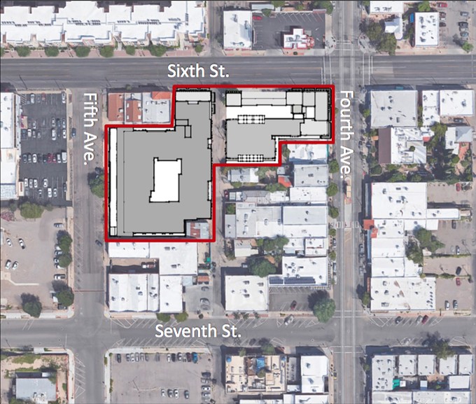 The development area is within the red line, with the exception of a historical home off the alley that will not be demolished.
