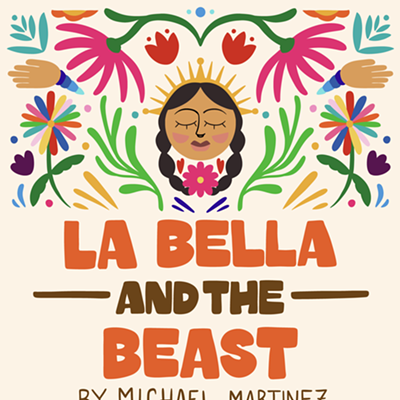 Alt Text: Poster art for "La Bella and the Beast" By Michael Martinez: a colorful, symmetrical floral design on top of a cream-colored background. Depicted above the title is the face of a girl with braids, and below, the face of a beast with fangs.