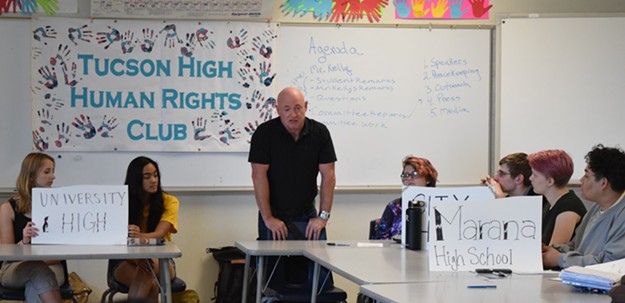 Mark Kelly talks to students at Tucson High, during a press conference about March for Our Lives: "The people we elect to office, they’re gonna care about you showing up here and marching in the streets of Tucson...but what they’re gonna care about as much is what all of you do on the day after this march, the week after this march, the month after." - DANYELLE KHMARA