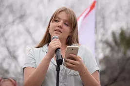 Avalon Reid spent three hours in a lock-down, at 11 years old, due to a bombing threat at her school. Reid: “Death permeates the lives of me and my peers. We joke about murder and the end because everyday when we walk into school, we wonder if we will leave in a bus or a body bag. To have fear is what it is to be young today. But fear has inspired us to take to the streets and demand that our lives mean something to our politicians. We demand that we have more rights than a gun. We are here because it seems that the most important lesson that we learn in school is the value of a human life, and it seems to be worth less than $30, which is the cheapest rifle at Walmart.” - DANYELLE KHMARA
