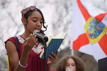 Tucson High freshman J’Hrenara Rios, reading her poem “Lovely Ocean of Bullets,” drawing attention to gun violence that goes beyond mass shootings: “These innocent people have been used as target practice for far too long. Human beings are being slaughtered and mass murdered by guns and police brutality as much as a deer to a hunter, no longer even being seen as a living, breathing being. The evidence is clearly there, but unfortunately, it’s constantly shoved to the side to make space for distortion and short stories, making the victims seen as guilty and the shooters innocent.” - DANYELLE KHMARA