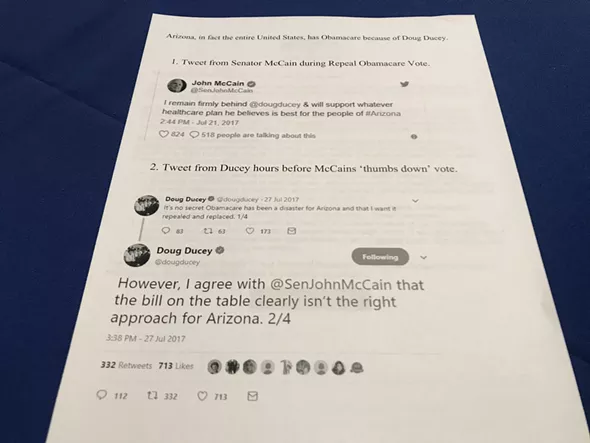 Tweets made by Sen. McCain and Gov. Ducey in opposition of the repeal were printed out and distributed to audience members during the event. - KATHLEEN B. KUNZ