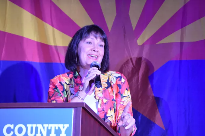 Victoria Steele speaking at the Pima County Democrats election party right after finding out she won the primary by a landslide. - DANYELLE KHMARA