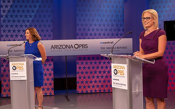 Martha McSally (left) and Kyrsten Sinema attacked each other’s voting records during a live debate Monday night. - PHOTO BY CHRIS MCCRORY/CRONKITE NEWS