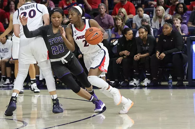 Aari McDonald scored 19 points in Arizona's 59-53 win over TCU in Wednesday's WNIT semifinal game at McKale Center. - CHRISTOPHER BOAN