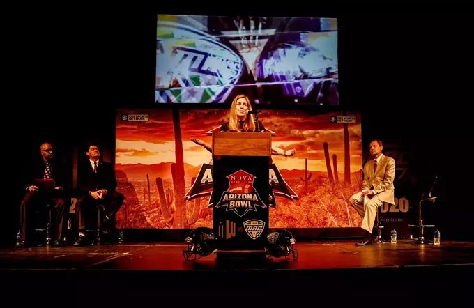 NOVA Home Loans Arizona Bowl Executive Director Kym Adair delivers the news: The Mid-American Conference will start an affiliation with the bowl in 2020. - COURTESY PHOTO