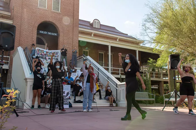 March For Justice Tucson organizers lead over 1,000 attendees of Wednesday’s demonstration in chants of “Say his name” and “George Floyd” before the June 3 demonstration on the University of Arizona Mall. - LOGAN BURTCH-BUUS