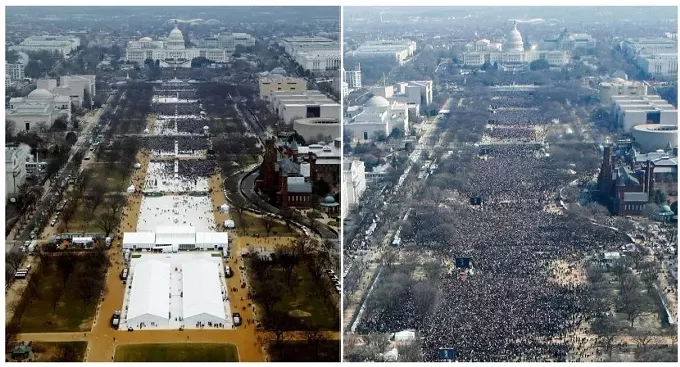A combination of photos taken at the National Mall shows the crowds attending the inauguration ceremonies to swear in Trump, left, in 2017 and President Barack Obama in 2009. (Reuters Staff)