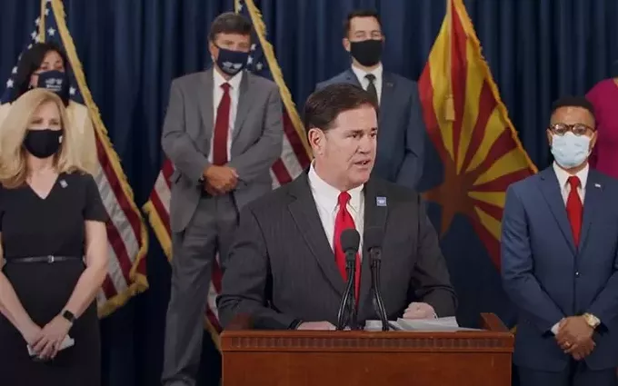 Gov. Doug Ducey on Thursday, backed by U.S. Census Bureau Director Steven Dillingham and members of the Arizona Complete Count Committee, urged Arizonans to fill out their 2020 Census questionaires. With less than two weeks remaining, Arizona's reponse rate was below 90%, the eighth-worst response rate in the nation. - PHOTO COURTESY ARIZONA GOVERNOR'S OFFICE