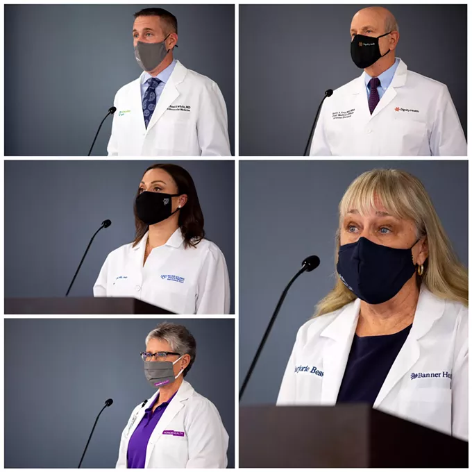 Dr. Marjorie Bessel, Dr. Keith Frey, Dr. Alyssa Chapital, Dr. Michael White and Dr. Stephanie Jackson held a joint press conference on Jan. 13 as nearly 1 in 10 Arizonans is currently battling COVID-19. - BANNER HEALTH