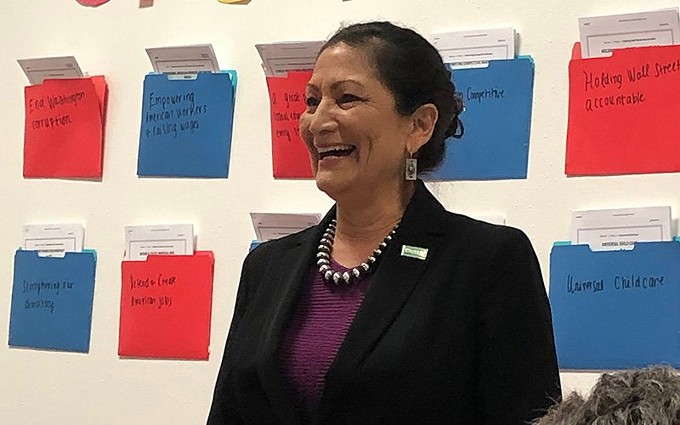 Rep. Deb Haaland, D-N.M., at a campaign event in February 2020. Haaland, one of the first two Native American women elected to Congress, will be the first Native American to run a Cabinet agency after the Senate's confirmed her nomination to be the next secretary of Interior. - ELLEN MACDONALD