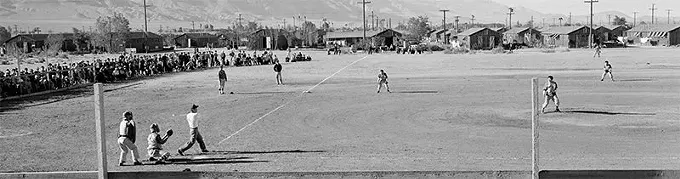 Baseball was a welcome distraction for the many Japanese Americans imprisoned at camps during World War II. The fields were often created based on what was available, such as flour used for foul lines. - NISEI BASEBALL RESEARCH PROJECT