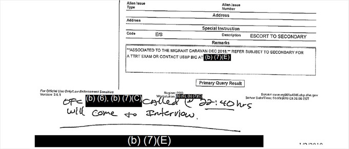 A page on Levy from a Customs and Border Protection database with a handwritten note made about an officer called to her interrogation. - OBTAINED BY PROPUBLICA VIA SANTA FE DREAMERS PROJECT