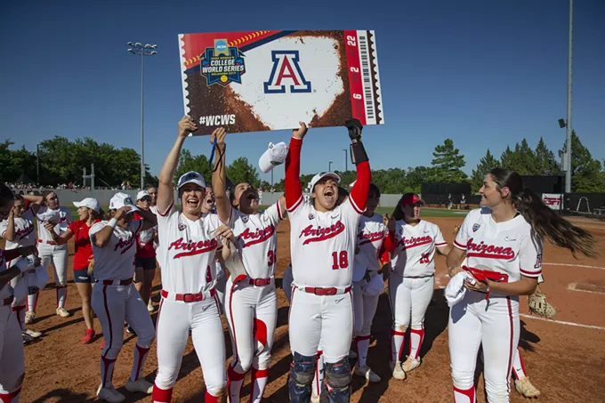 Allie Enright (3), Amber Toven (36), Sharlize Palacios (18) —- Starkville, Mississippi — Arizona softball vs. Mississippi State May 28, 2022. - MIKE MATTINA/ARIZONA ATHLETICS