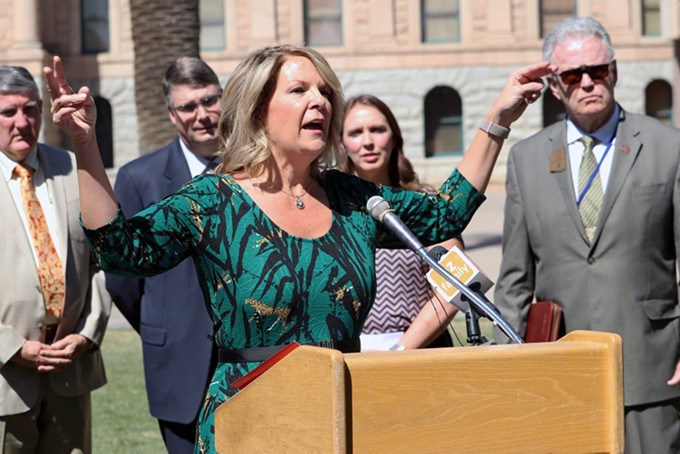 Arizona GOP chair Kelli Ward speaking at a 2019 press conference. - JEROD MACDONALD-EVOY | ARIZONA MIRROR