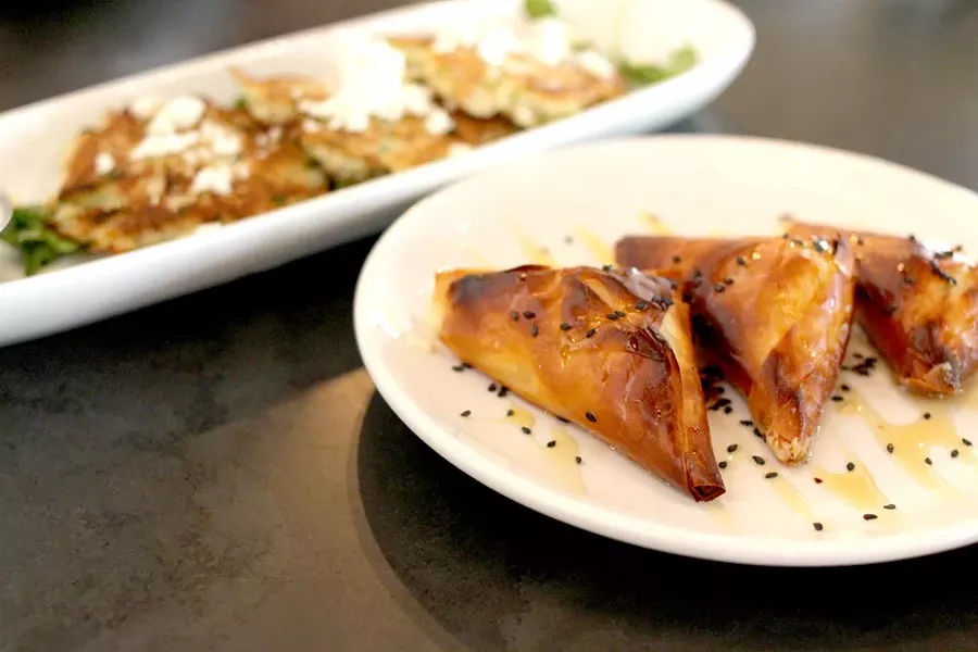 Phyllo and potato fritters are available to start or during happy hour. - HEATHER HOCH